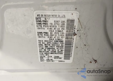 2012 Nissan Murano Sv из США, поврежденный, VIN JN8AZ1MW5CW202496